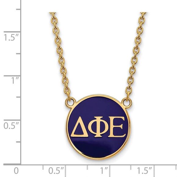 14K Plated Silver Delta Phi Epsilon Large Blue Enamel Disc Necklace - Picture 3 of 6